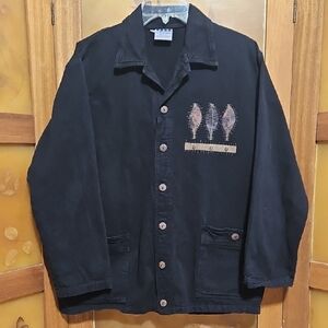 Vintage 90's Elegant Black Button Down Cotton Shirt with Embroidery